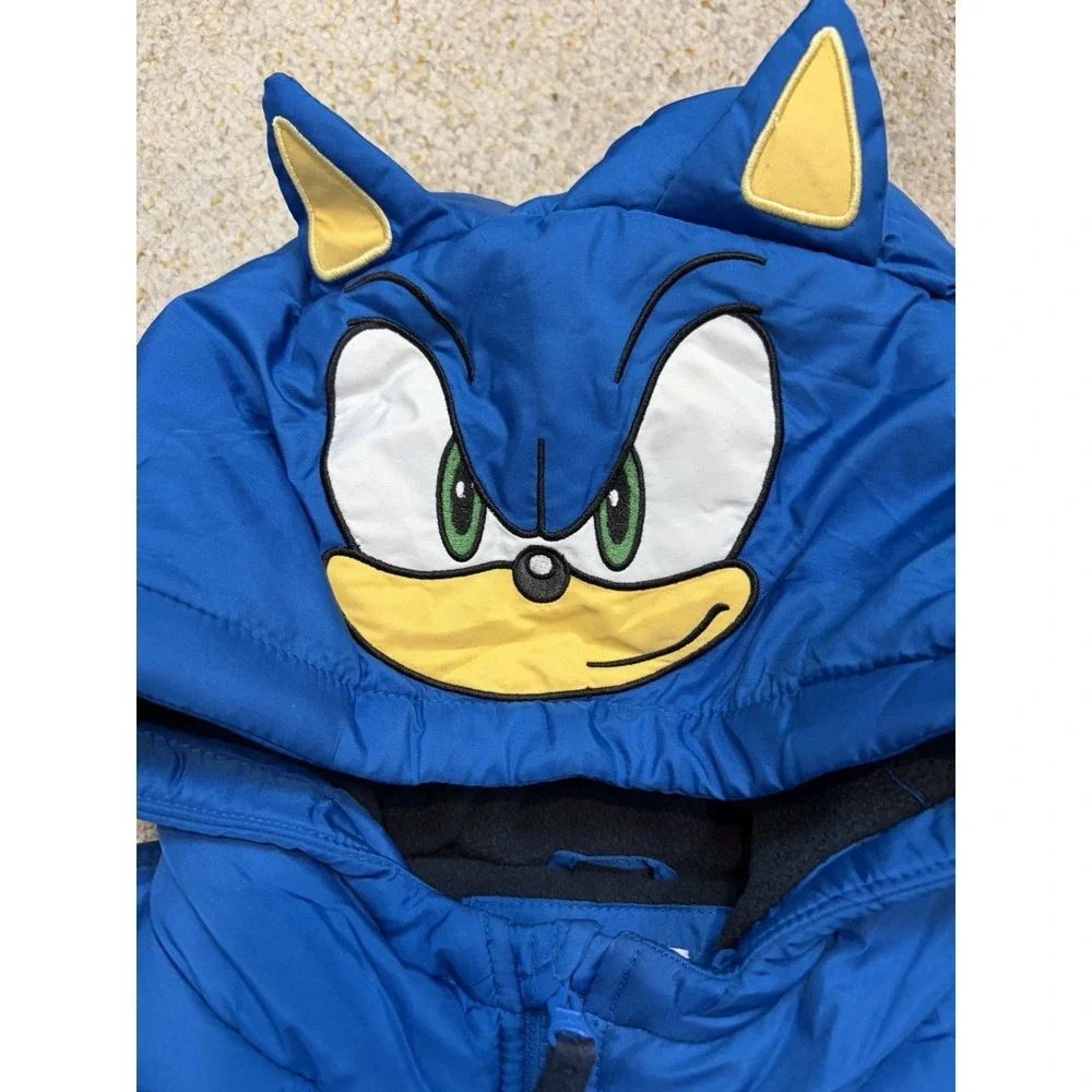 Sonic The Hedgehog Puffer Jacket Kids L/7 Blue Hooded Coat Sega Gamer Outdoor